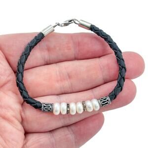 Vintage Sterling Silver 925 Pearl Leather Bracelet 7.5"